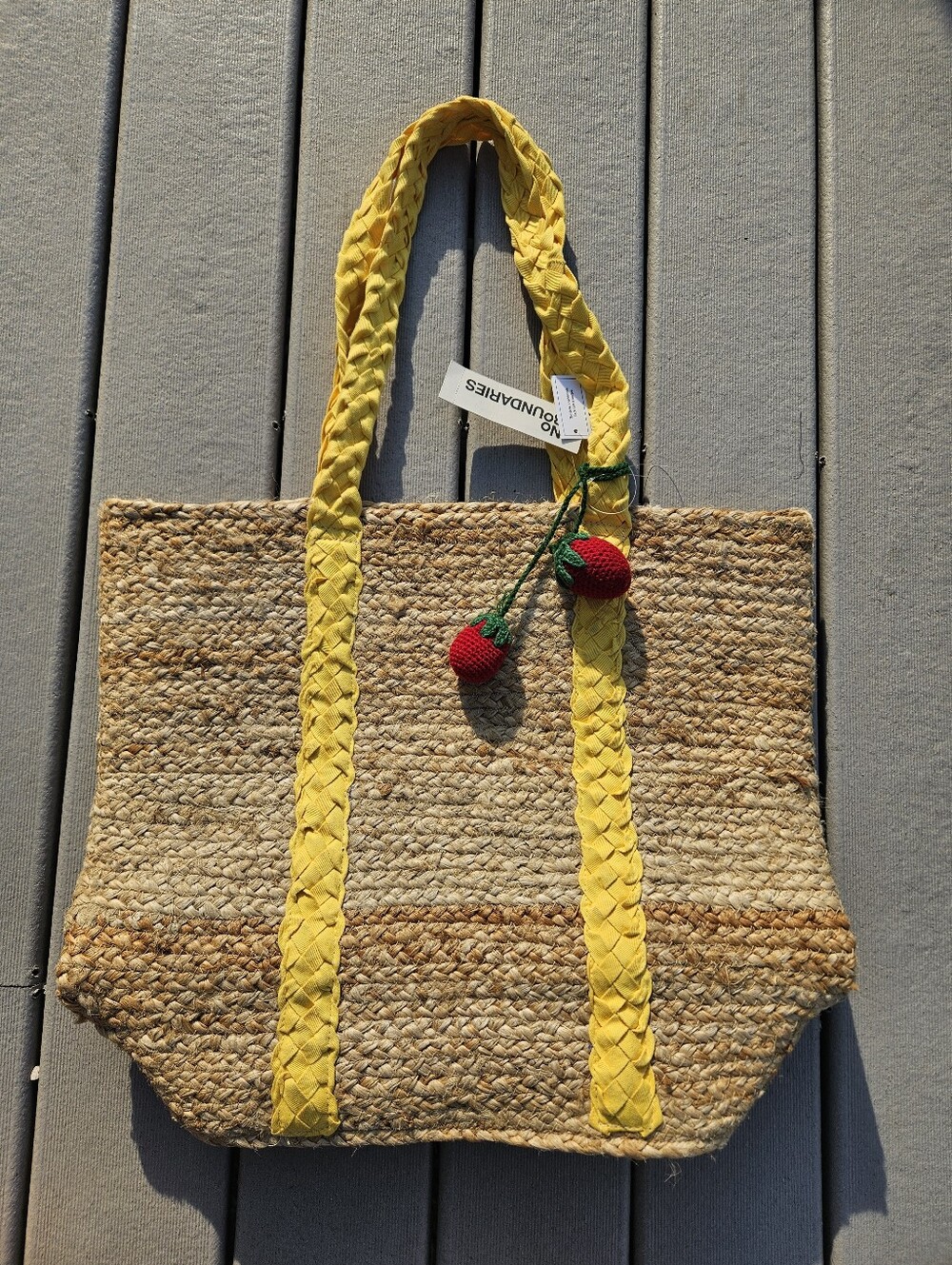 Boho Summer Beach Bag Straw Jute Tote Yellow Braided Handles Strawberry Charm NW